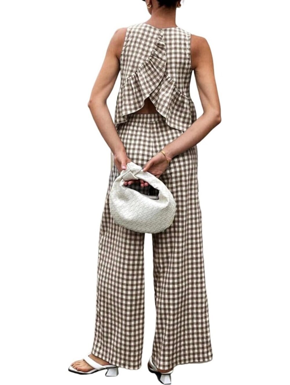 Women's 2-Piece Gingham Set Brown White Ruffle Tank & Wide Leg Pants M